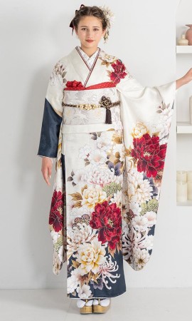 白地にボルドー牡丹と乱菊