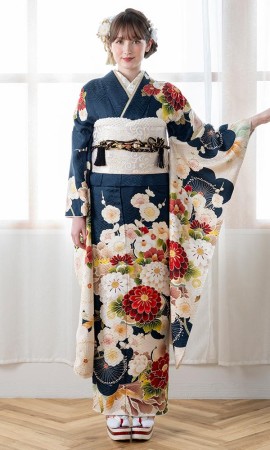 四季の花々入り紺色の古典