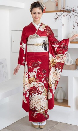 赤地に濃淡の花柄と乱菊