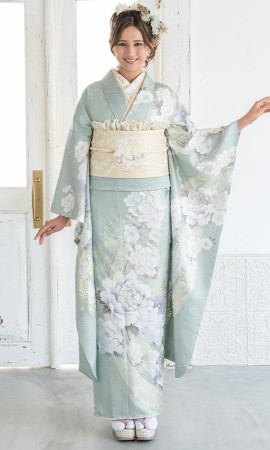 ミント系に牡丹に熨斗目