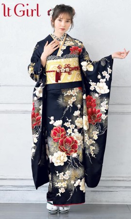 紺地に深紅の椿と白梅松